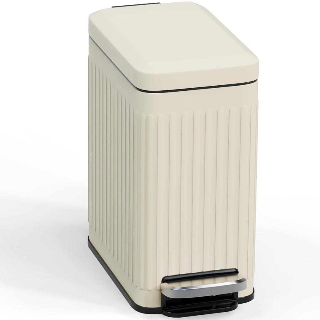 Bathroom Trash can with lid Soft Close, 6 Liter/1.6 Gallon Step Pedal Stainless Steel Garbage Can, Small Wastebasket for Toilet, Office, Bedroom, Kitchen (Beige)