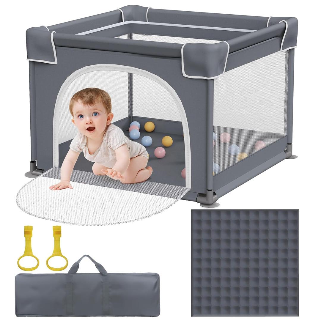 Small Baby Playpen with Mat, Sturdy Safety Play Yard, Washable Small Playpen for Babies, Soft Breathable Mesh, Zipper Gate, Anti-Slip Base 36"x36"