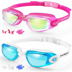 EverSport Swim Goggles Pack of 2 Swimming Goggles Anti Fog for Adult Men Women Youth Kids (Colorful Mirrored Rose Red & Lightblue)