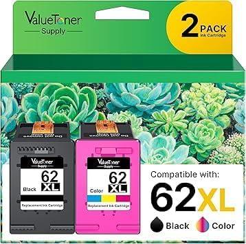 62XL Ink Cartridges Black and Color Compatible for HP Ink 62 62XL High Yield for HP OfficeJet 200 OfficeJet 250 5740 5741 8040 6741 Envy 5540 5640 5660 7644 Printer, (2-Pack, 1 Black 1 Tri-Color)