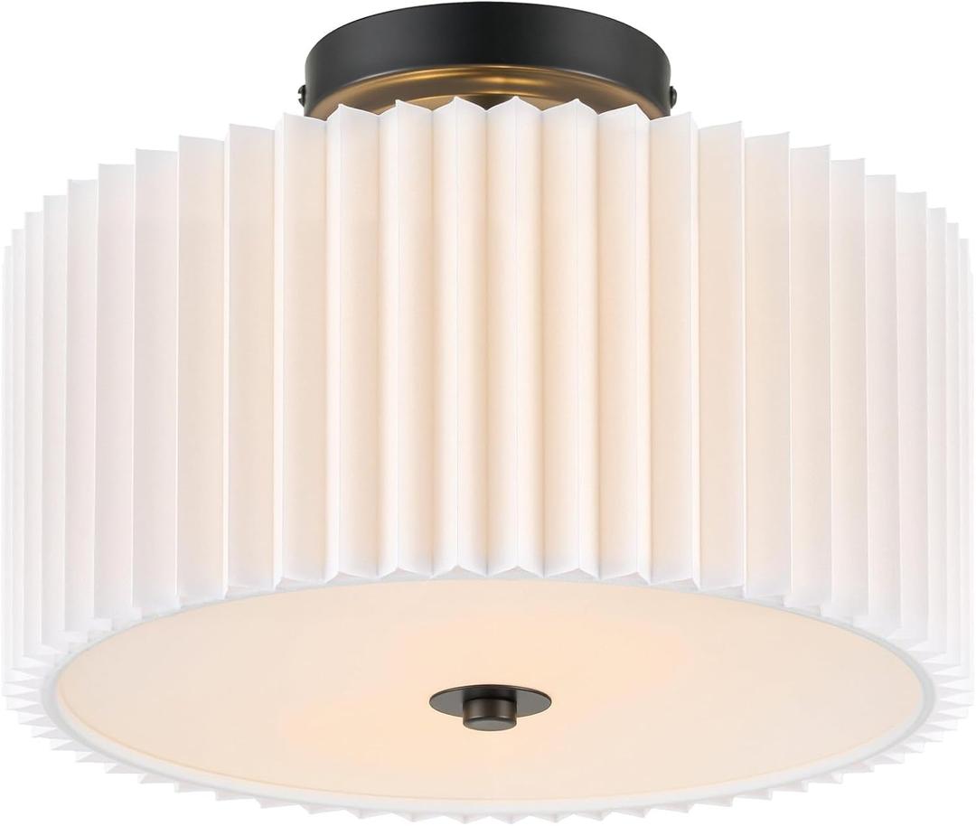 VONLUCE Semi-Flush Mount Ceiling Light, 12.2" Modern 2-Light Ceiling Light Fixture with White Pleated Drum Shade 2 E26 Sockets for Bedroom Entryway Living Room, Black Finish, ETL Certificated