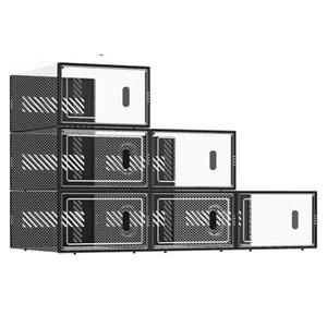 BALEINE 6 Pack Stackable Shoe Storage Boxes Fit Size 9, Thickened Clear Shoe Box Bins with Lids, Plastic Foldable Shoe Rack Organizer Sneaker Storage Containers (Large, Black)