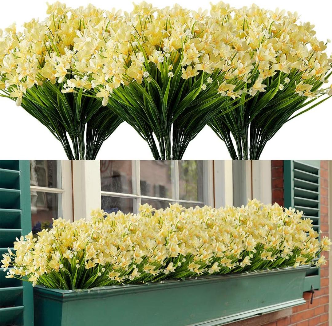8 Bundles Artificial Daffodils Flowers, Fake Artificial Greenery UV Resistant No Fade Faux Plastic Plants for Wedding Bridle Bouquet Outdoor Home Garden Kitchen Office Table Vase (Yellow)