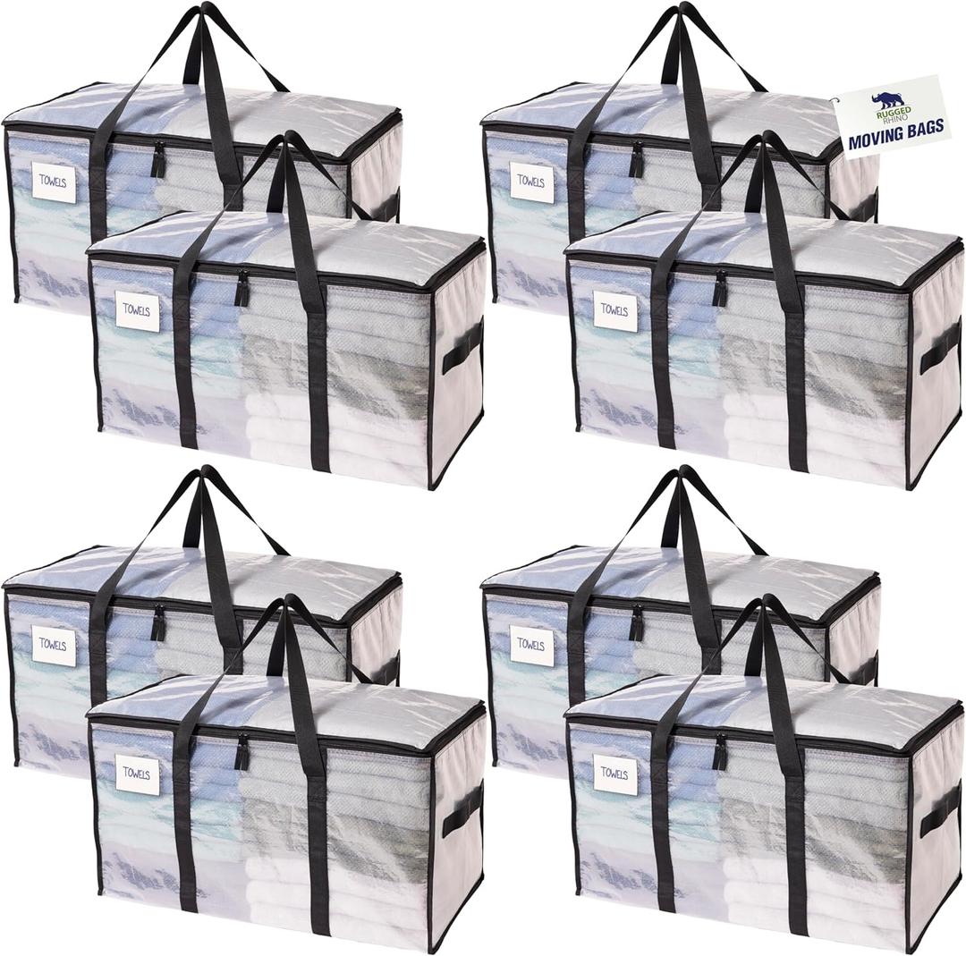 RUGGED RHINO 8 Pack Heavy Duty Extra Large Moving Bags, Durable Bag with Strong Handles and Zipper, Moving Boxes Alternative for College Packing, Holiday Decor, Space Saving Storage with Label, Clear (Translucent)
