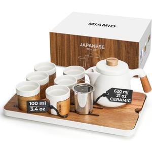 MIAMIO - Japanese/Chinese Tea Set 6 x 3.4 oz/Asian Tea Pot 21 oz with Tea Infuser, Traditional Japanese Tea Cups Set for Tea Lovers/Men/Women (White)
