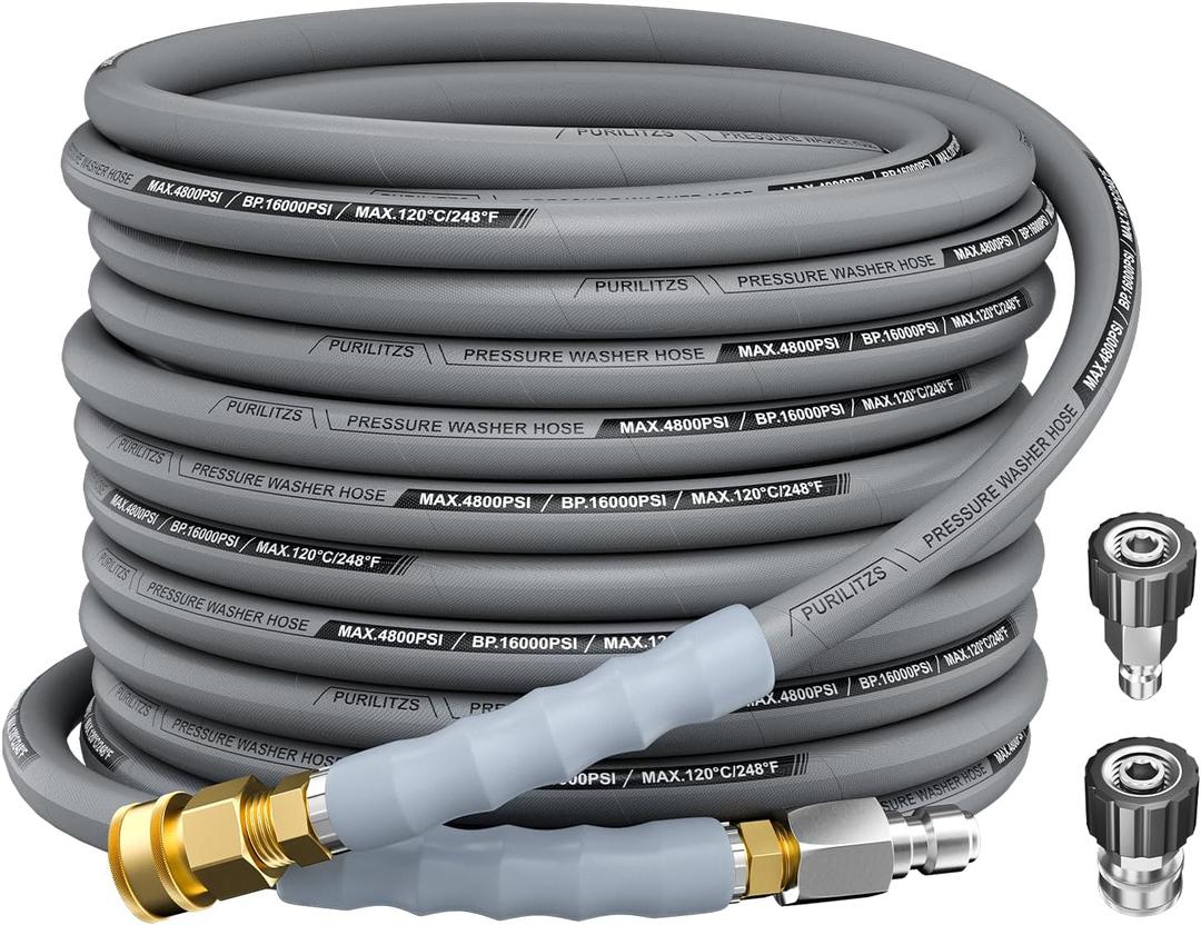 Purilitzs 3/ 8'' Pressure Washer Hose 50FT 4800PSI, Kink Resistant Power Washer Hose Steel Wire Braided with Swivel Quick Connect & 2PCS M22 Adapter, Non Marking Commercial Grade Pressure Water Hose (Gray)