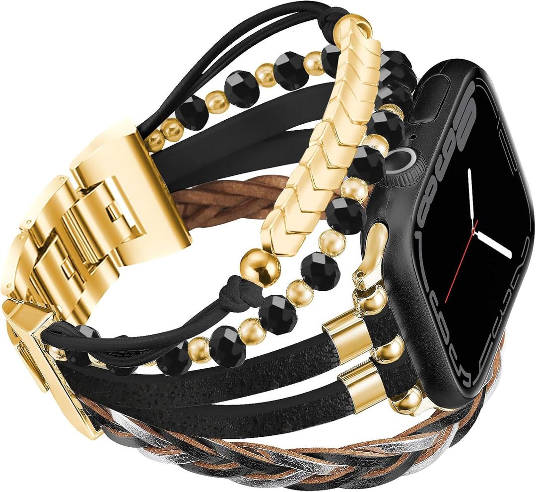 Compatible with Apple Watch Band 40mm Women, Boho Bracelet for Apple Watch Bands 41mm 38mm Series 10 9 8 7, Multi Wrap Strap Leather for iWatch Bands 6 5 4 3 2 1 SE -Black