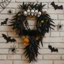 Halloween Wreath for Front Door 24 Inch Large Artificial Skulls Black Artificial Roses, Skeleton, Maple Leaves Outdoor Wreath Decor, Scary Creepy Halloween Decorations for Front Door and Wall