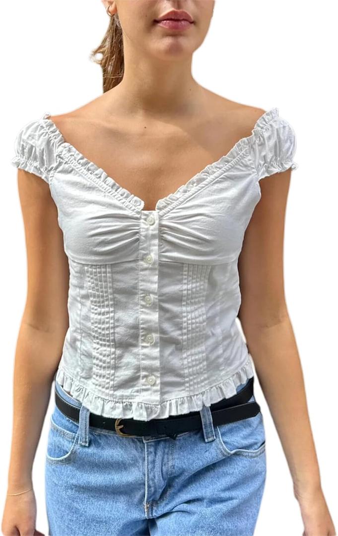 Women's Summer Button Down Crop Tops Cap Sleeve Y2k Slim Fitted Shirts Babydoll Coquette Tops Blouse (White, S)