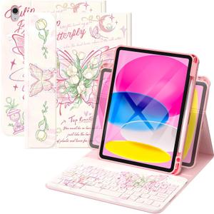YBING Keyboard Case for iPad 10th Gen 10.9 inch(2022) & 11th Gen(A16, 2025), Painted Patterns Detachable Keypad & Rotatable Magnetic Case with Pencil Holder (Butterfly Pink)