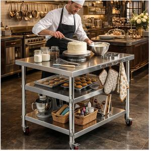 Stainless Steel Prep and Work Table,Kitchen,has Both Fixed Legs and Wheels