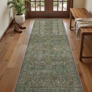 2x6 Runner Rug, Green Floral Rug for Entryway, Moynesa Washable Kitchen Rugs with Rubber Backing, Thin Soft Botanical Runners for Hallways, Bedroom, Laundry, Bathroom(2'x6', Dark Green)