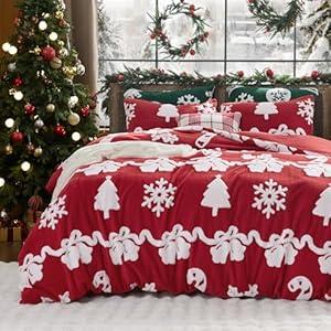 Bedsure Fluffy Christmas Duvet Cover Set - Winter Warm 3 Pieces King Size Ultra Soft Plush Shaggy Bedding Set with Bell Candy Sticks Patten, Red