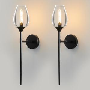 Black Glass Wall Sconce Light: Modern Decorative Sconces Lights over Mirror - Brushed Brass Bathroom Vanity Lighting with Flower Shade Set of 2 - Indoor Glass Wall Mount Lamp for Bedroom Living Room, 2 Pack