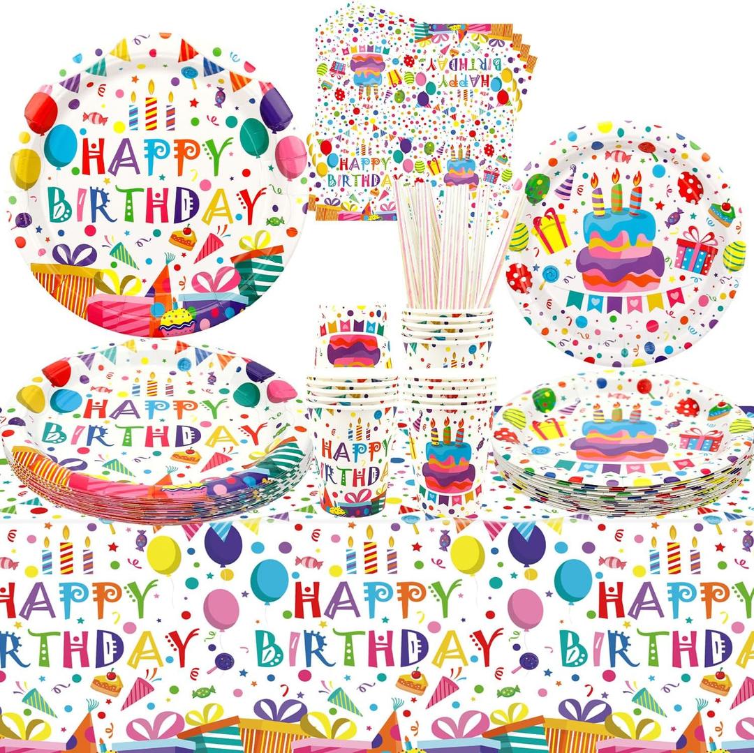 Happy Birthday Party Supplies - Colorful Polka Dots Party Tableware - Dinner Plates Desserts Plates Cups Napkins Tablecover Straws for Rainbow Dots Kids Baby Shower Supplies, Serves 20