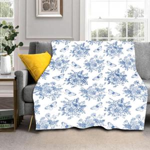 Blue White Floral Blanket 80"x60" Vintage Flower Butterfly Chinoiserie Pattern Design Print Throw Blanket Lightweight Warm Soft Blanket Farmhouse Seasonal Decor for Home Living Room Sofa Couch Bed