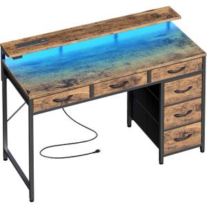 Huuger Gaming Desk with 6 Drawers, Computer Desk with LED Lights Power Outlets and Type-C, 39 Inch Office Desk with Storage, Monitor Stand, Writing Desk Work Desk Home Office, Study, Rustic Brown