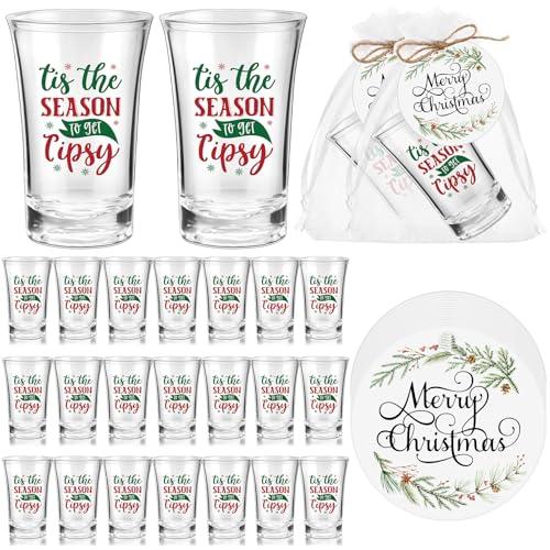 Roshtia 30 Sets Christmas Party Favors Acrylic Xmas Shot Glasses 1.2 oz Tis the Season to Get Tipsy Shot Glasses with Merry Christmas Tags Gift Bags Xmas Party Supplies for Friends Guests