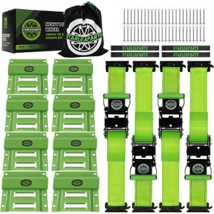 Heavy Duty Wheel Chock Tie Down Straps Set (4PK) - 4,400lb Guaranteed Max Break Strength, (2) 2" x 8' Trailer Tire Straps with (8) Wheel Chocks for ATV, UTV or Tractors