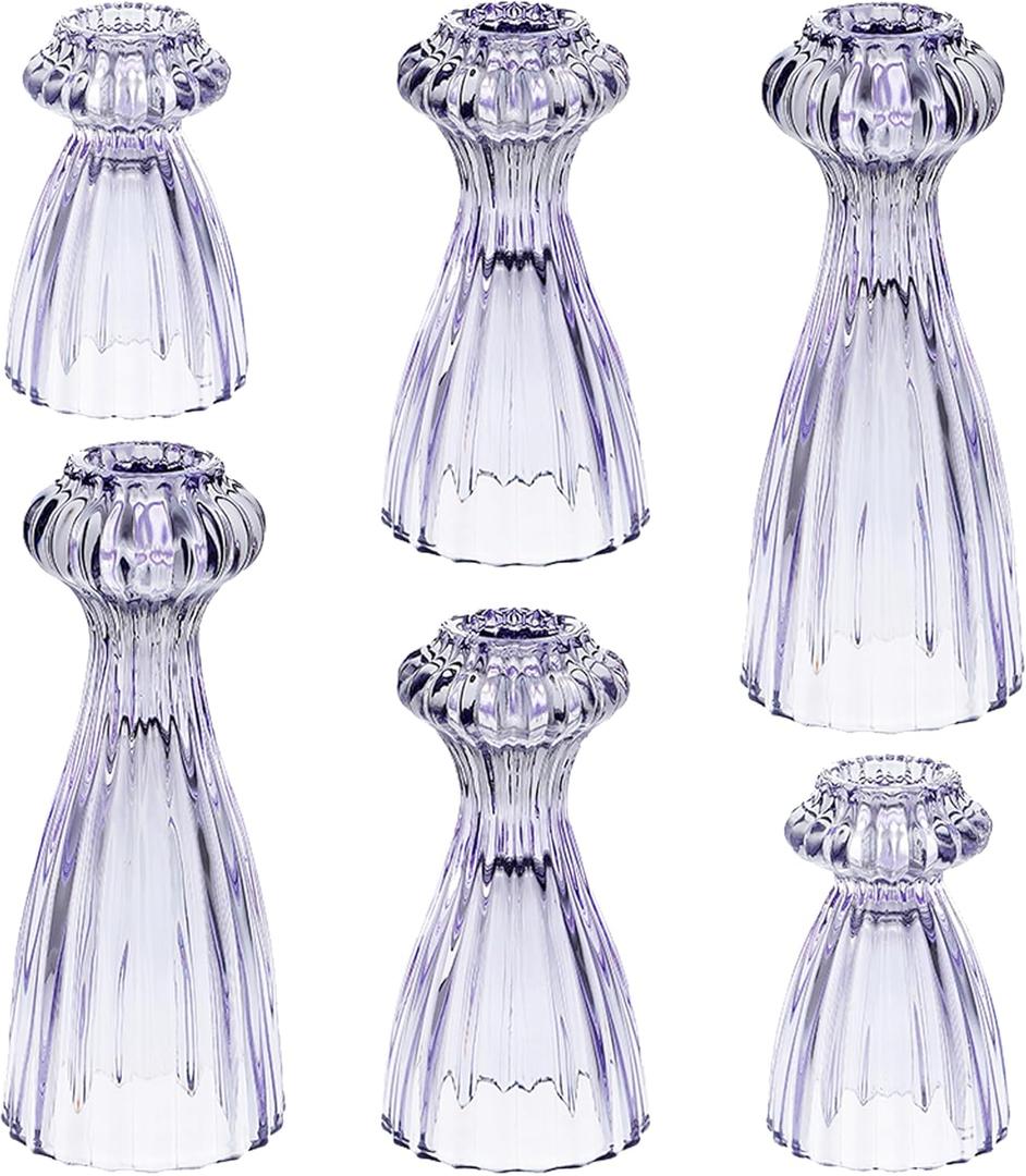 Lysenn Glass Candle Stick Holder Set of 6  Premium Taper Candle Holders for Romantic Ambiance - Candle Sticks Holder Decor for Special Occasions - Purple