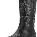 IDIFU Black Cowboy Boots for Women Cowgirl Western Mid Calf Embroidered Chunky Low Heel Pointed Toe Country Dress Cute Fashion Comfortable Boots Booties(Black Pu, 7.5)