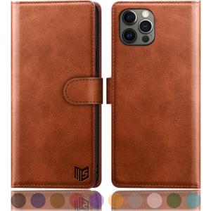 SUANPOT for iPhone 12/12 Pro 6.1" Leather Wallet Case with RFID Blocking, Card Holder, Shockproof Flip Cover, Light Brown