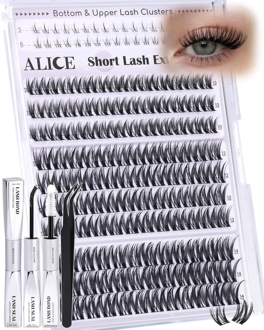 Flaunt Lash Clusters Kit Natural Wispy Lash Extension Kit Short 10mm-12mm-14mm Cluster Eyelash Extension Kit Individual Lashes Kit with Bottom Lashes Bond and Seal by ALICE