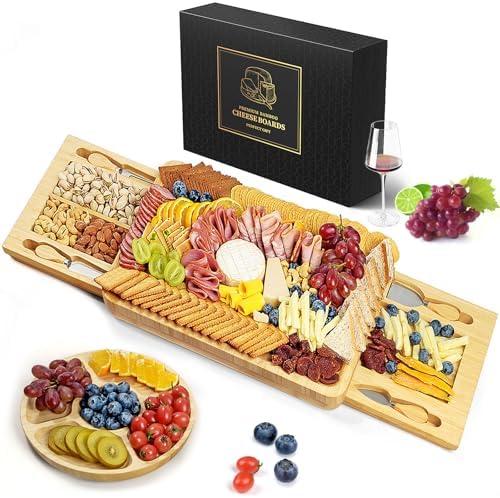 Bamboo Cheese Board Set with Marble, Large Charcuterie Boards and Knife Set, Cheese Platter with 2 Drawers, Include Round Fruit and Meat Cutting Board, Housewarming Gift