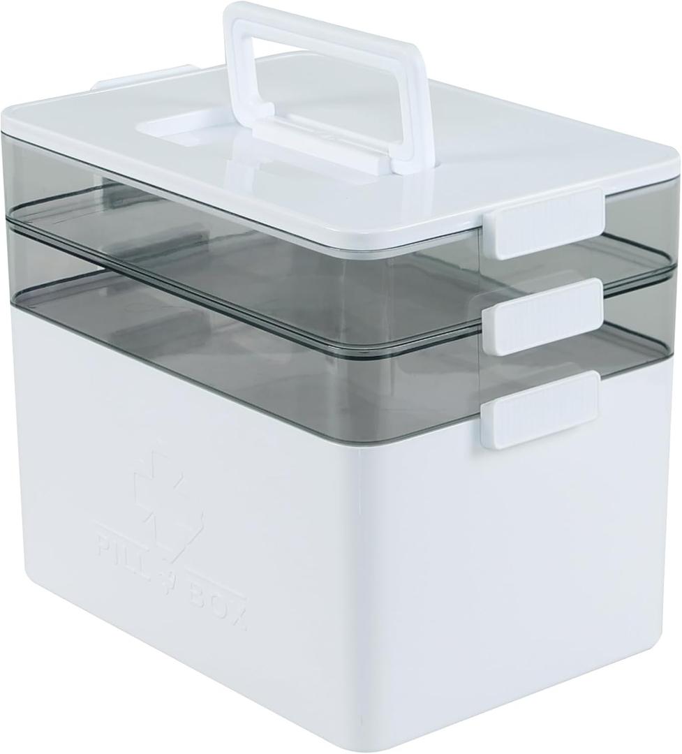 3 Tier Plastic Medicine Box with Handle, First Aid Storage Bin 1 Pack, White