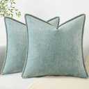 decorUhome Spring Chenille Soft Cozy Throw Pillow Covers 18x18 Set of 2, Modern Farmhouse Boho Velvet Decorative Pillow Cases with Stitched Edge for Couch Sofa Bed Home Decor, Aqua Haze
