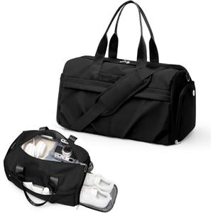 Gym Bag for Women Men with Shoe Compartment, Sport Duffel Bag, Waterproof Travel Weekender Overnight Carry on Bag for Yoga with Trolley Sleeve, Black, 18.11"x9.84"x9.84"
