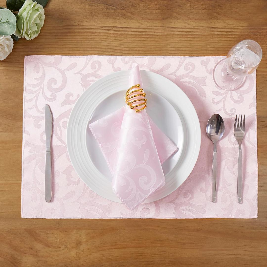 8 Pieces Scroll Damask Jacquard Light Pink Placemats,13 x 19 inch Protect Surface Heat and Stain Resistant Dinner Mats