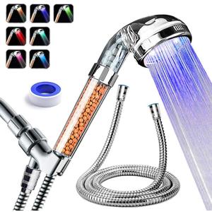 PRUGNA LED Shower Head with Hose and Shower Arm Bracket, High-Pressure Filter Handheld Shower for Repair Dry Skin and Hair Loss - 7 Colors Change Cyclically