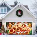 Merry Christmas Garage Door Banner 13x6ft Gingerbread House Candy Theme Backdrop Christmas Decor Winter Door Cover Banners for Outside Garage Wall Covering for Party Garage Decorations