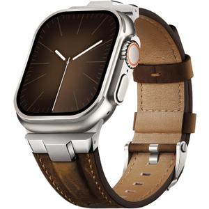 Suitisbest Leather Band Compatible for Apple Watch Ultra Band 49mm 46mm 45mm 44mm 42mm 41mm 40mm, Genuine Leather Replacement Strap for iWatch series 11 10 9 8 7 6 5 4 3 2 1, SE 3 2 1, Ultra 3 2 1 (Titanium/Classic Retro Walnut)