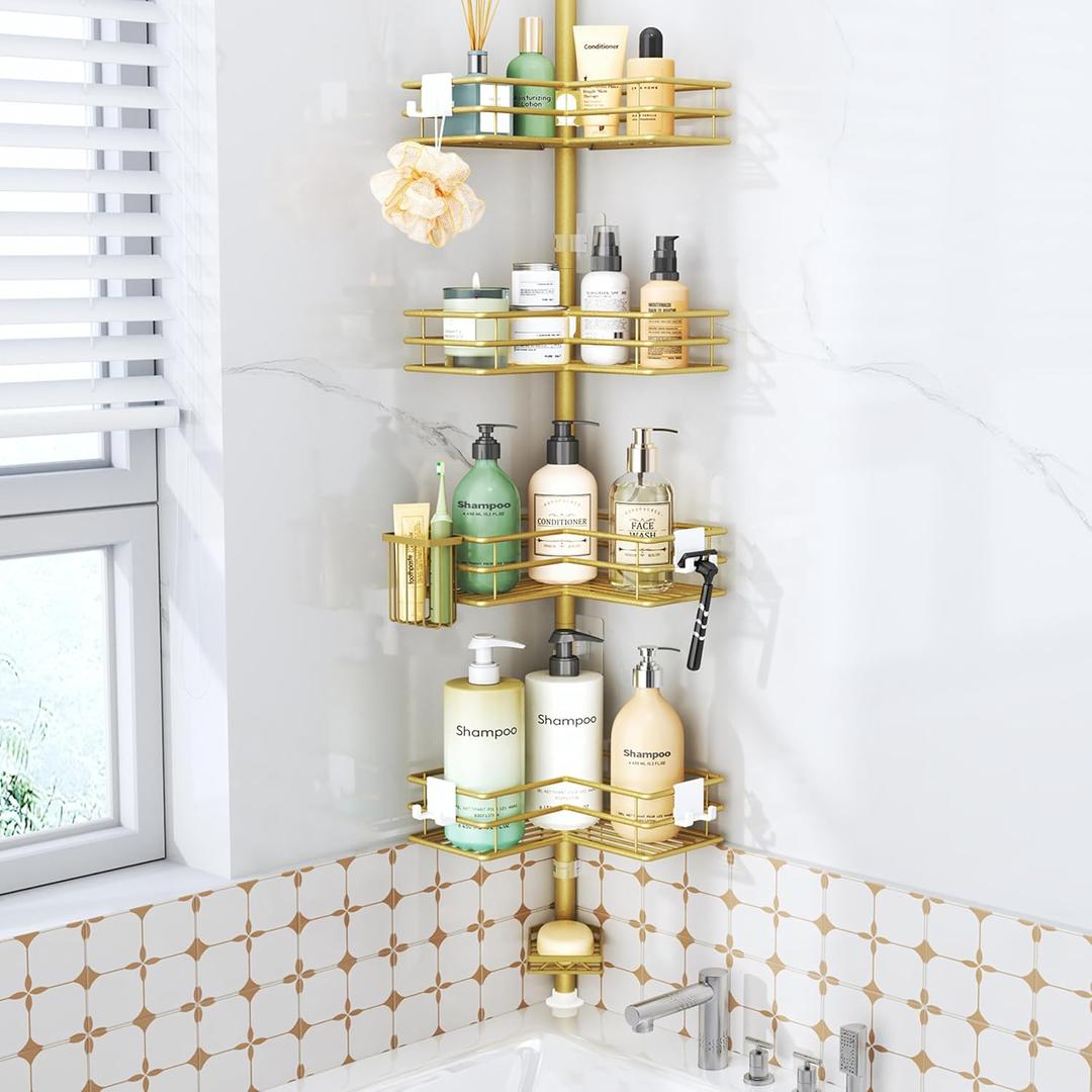 HapiRm Corner Shower Caddy Organizer - Shower Organizer Corner with Soap Holder, Toothbrush Holder and 4 Hooks, Rustproof Bathroom Shelf Tension Pole , 27.6 to 108.3 Inch - Gold