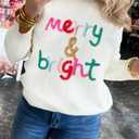 LEMAFER Women 2026 Merry Christmas Round Neck Sequin Letters Sweater Casual Solid Slogan Long Sleeve Pullover Sweatshirt Tops (White, M)