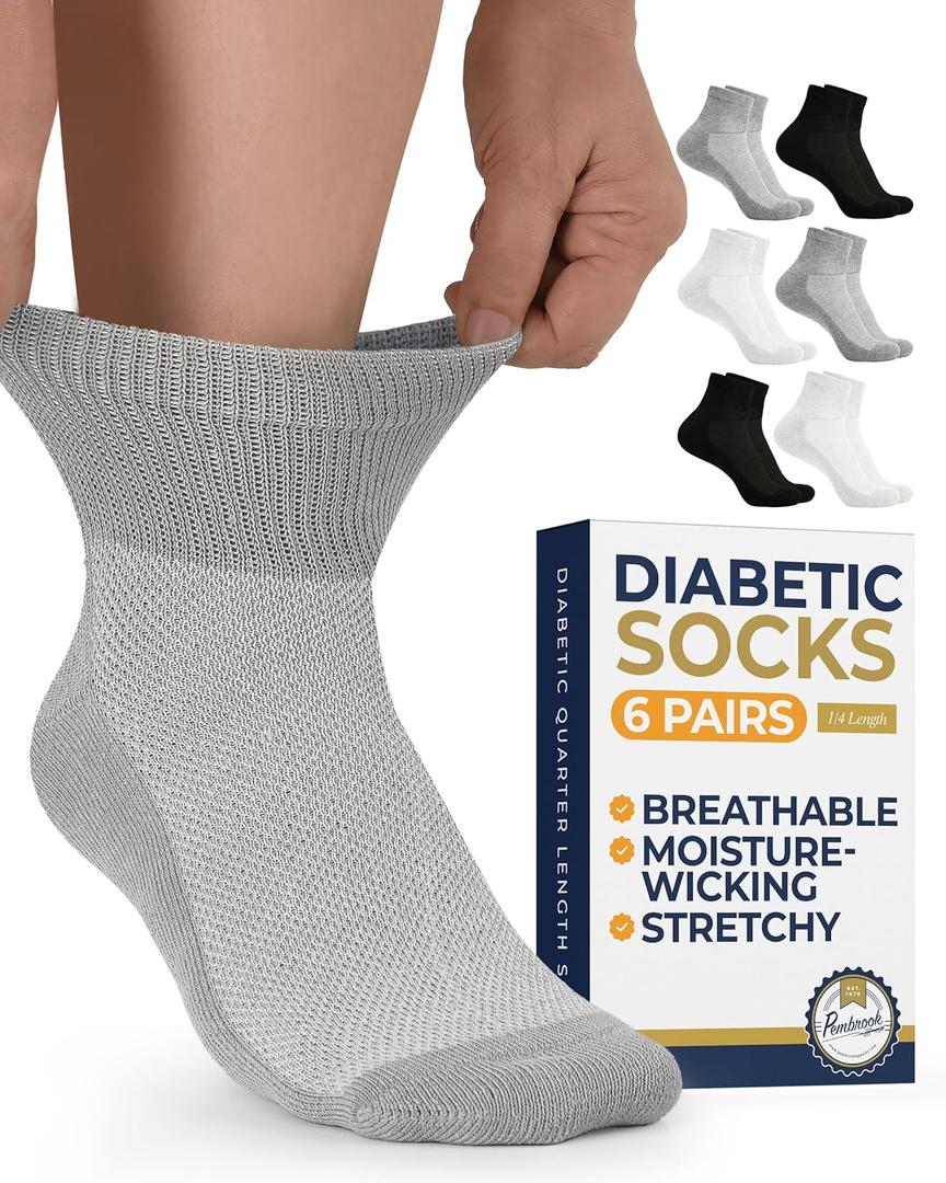 Pembrook Ankle Diabetic Socks for Women & Men | 6 Pairs | Wide Non Binding Socks Quarter Length | Edema Neuropathy Socks, Size: Medium