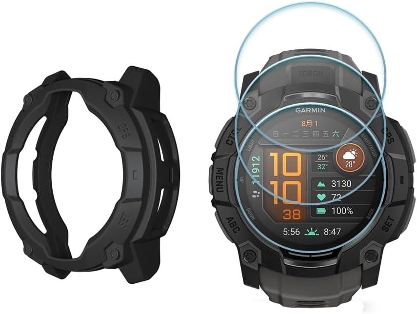 Watch Screen Protector +Watch Case Cover for Garmin Instinct 3 50mm, [3-PCS] Tempered Glass Film & Soft TPU Bumper, Anti-Scratch, Bubble-Free, HD Clear, Shockproof Protection (Black)