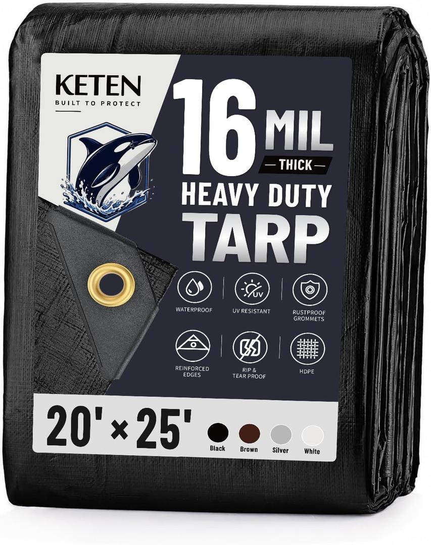 Keten Tarps Heavy Duty Waterproof 20x25 Feet, Extra Thick 16 Mil (Black)