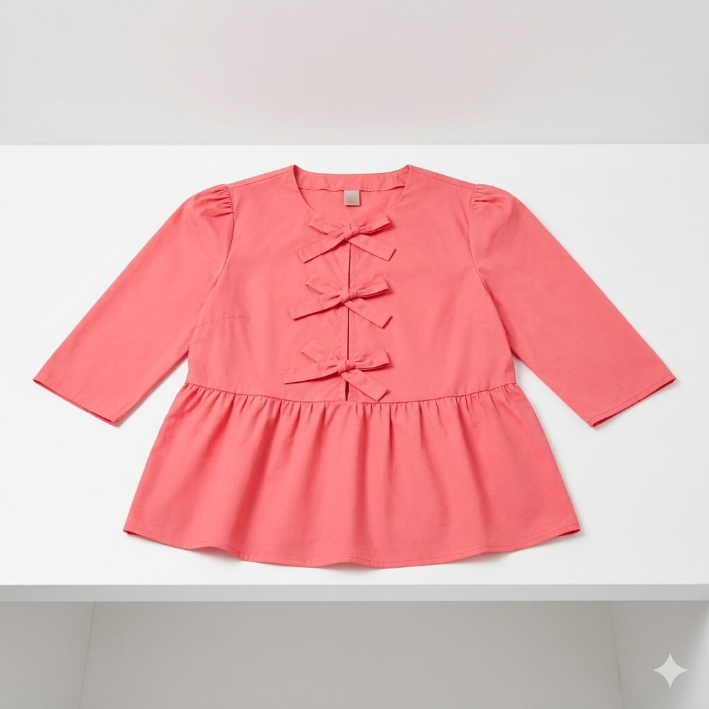 Women's Babydoll Tie Front Tops Puff 3/4 Length Sleeve Cute Casual Summer Peplum Blouses Shirts 2025, Size Large