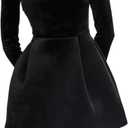 Women's Elegant Velvet Dress Long Sleeve Square Neck Pearl A Line Flowy Bridesmaid Cocktail Party Midi Dresses (Black, L)