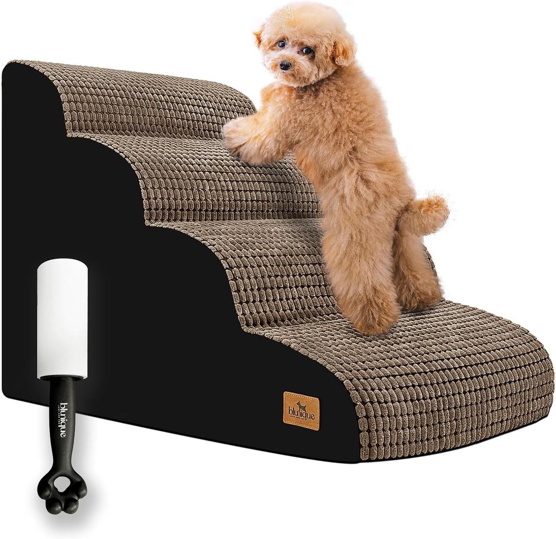 Dog Stairs for Small Pets, 20.5 in H 4 Step Curved Ramp for High Bed and Couch, Foam With Durable Non-Slip Waterproof Fabric Cover, Pet Stairs for Joints, Brown (29.1 X 16.5 X 20.5)