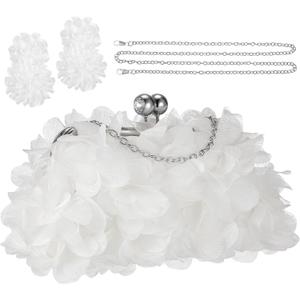 Women Evening Bag Floral Clutch Purse Flower Dangle Earrings Set with 2 Detachable Chain for Wedding, Party, Prom