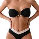 Women's 2 Piece Colorblock Ring Tie Back Criss Cross Tube Bandeau Bikini Triangle Set High Cut Swimsuit Bathing Suit Black Medium, M