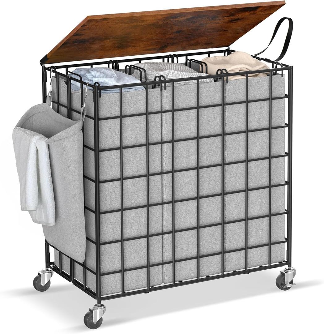 Laundry Basket with Wheels, Heavy Duty Laundry Sorter 3 Sections, 140L (37Gal.) Large Capacity Laundry Hamper with Wood Lid, 360 Rolling Wheels, Extra Side Pocket, Leather Pull Handle (Grey)