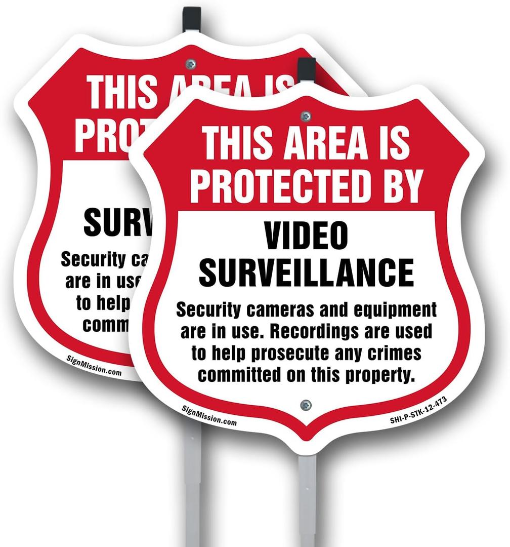 Video Surveillance This Area Is Protected By Video Surveillance Security Cameras And Equipment Are In Use (2 Pack) 12 inch X 12 inch Shield Shaped Plastic Signs with Aluminum Mounting Stakes