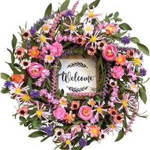 idyllic Spring Summer Wreath for Front Door - 22 Inch Artificial Floral Wreath with Roses, Wild Flowers, Leaves & Welcome Board - Farmhouse Indoor/Outdoor Wall Decor