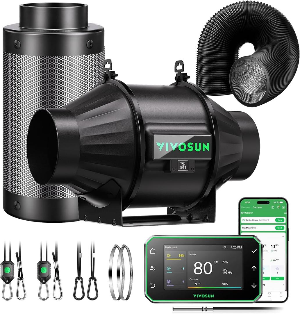 VIVOSUN T4 Smart Filtration Kit, Inline Fan, Controller, Carbon Filter,Duct
