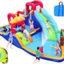 ELEMARA Inflatable Water Slide Bounce House, 10 in 1 Inflatable Water Park with Blower, 2 Slides & 2 Climbing Walls & 2 Water Guns, Deep Pool Giant Splash Pool, Water Slides for Kids Backyard for 6 (Dark Blue)